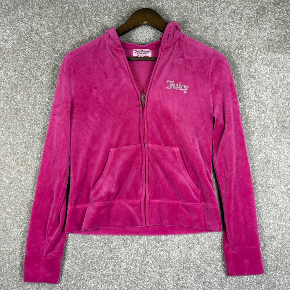 Juicy Couture Pink Velour Rhinestone Logo Zip Up Hoodie Womens Medium Y2K